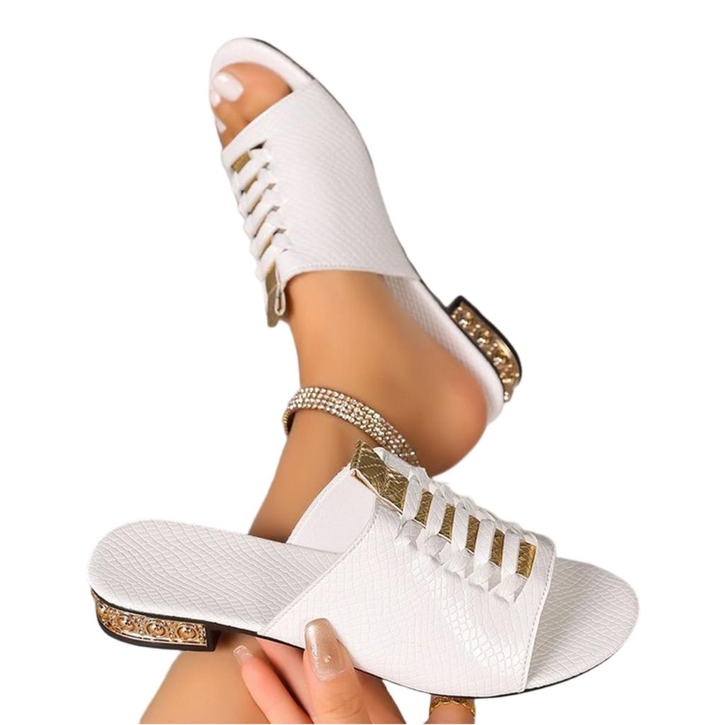 Summer Women Open Toe Slide Sandals Snake Pattern Metallic Buckle Rhinestone Low Heel Casual Slip On Shoes
