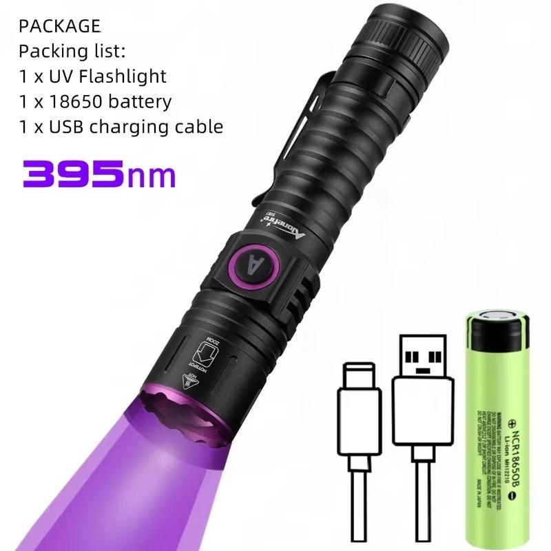 

15W UV 395/365nm Type C Rechargeable Flashlight Cat Dog Urine Tinea Ore Money Scorpion Fluorescence Marker Purple Light black&18650
