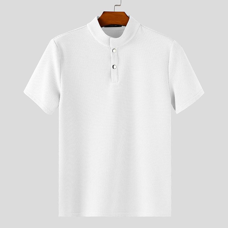 INCERUN Men Stand Neck Short Sleeve Solid Color Waffle Texture Casual Henley T-shirts Tops