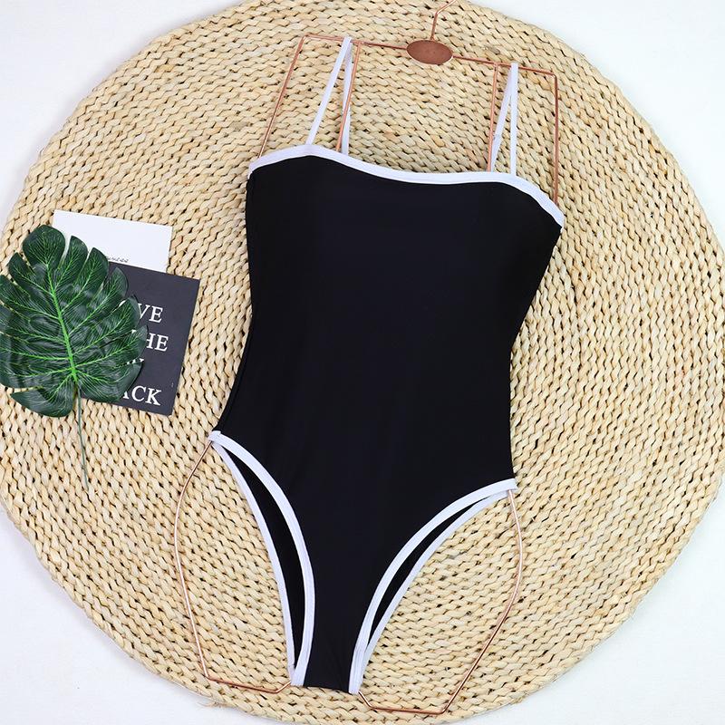 European & American Plus Size Women's Black and White Colorblock One-Piece Swimsuit - Sexy Cross-Border Triangle Bikini.
