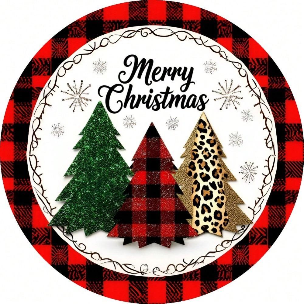 8 Inch Round Metal Wall Art Christmas Decor Plaid Leopard Wreath Sign for Home Kitchen Garden Office Holiday Decorating
