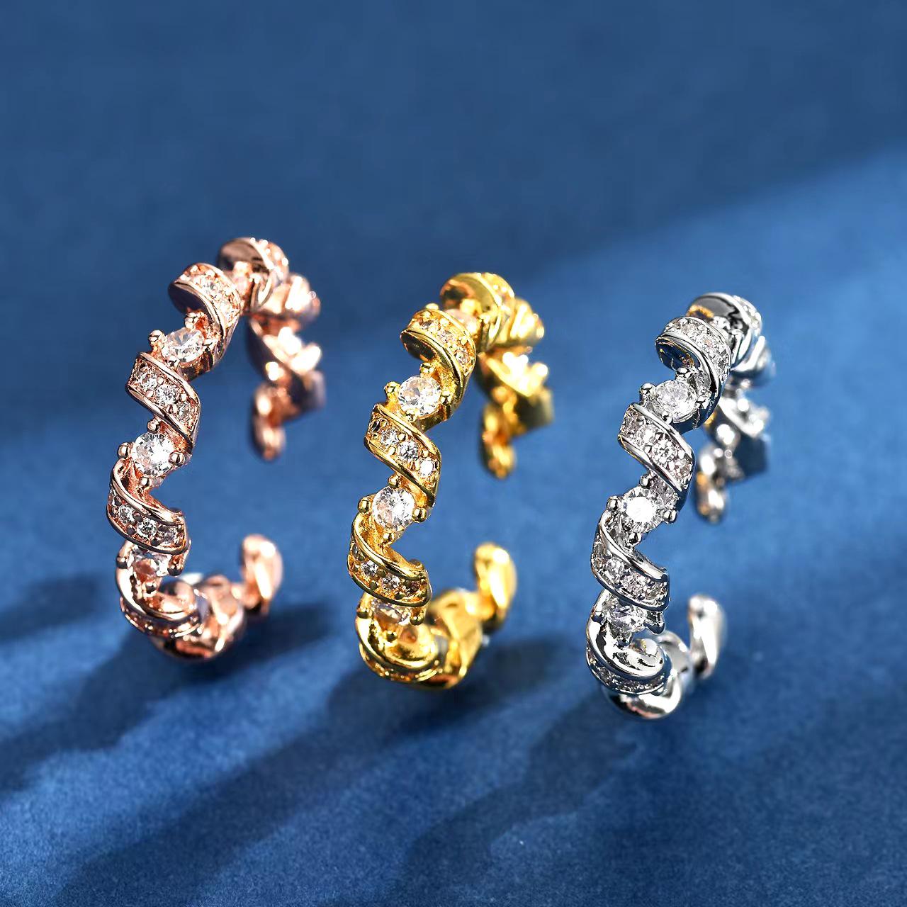 

Women s Cross-Border Zircon Ring with Full Diamond Inlay and Twisted Design Adjustable срібний