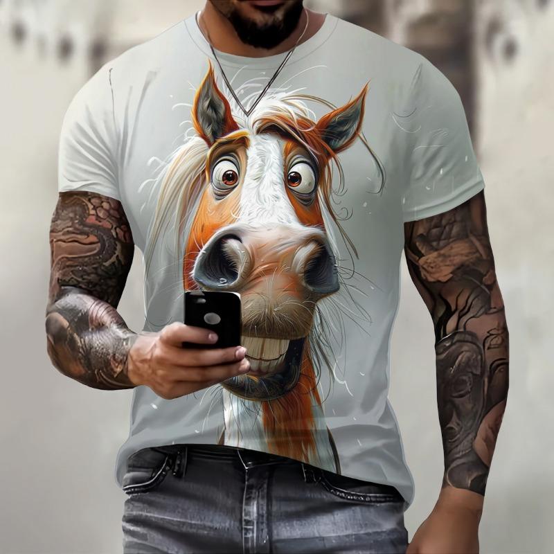 T-shirt da uomo a maniche corte con stampa 3D motivo cavallo stile retrò casual street sport outdoor maglietta girocollo top cloti