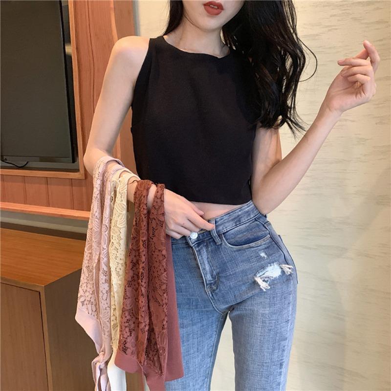 Women's Top Sleeveless O Neck Solid Casual Lace Up Backless Lace Stitching T-Shirt