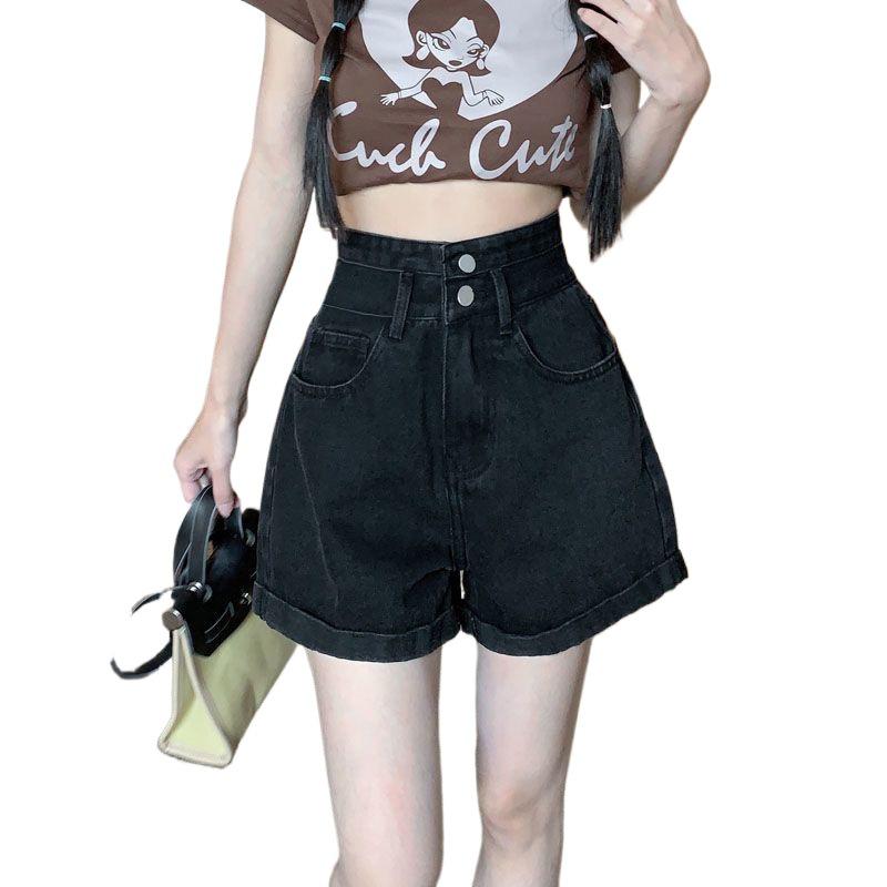 Women's 2026 Summer Korean-Style Black High-Waisted Denim A-Line Shorts