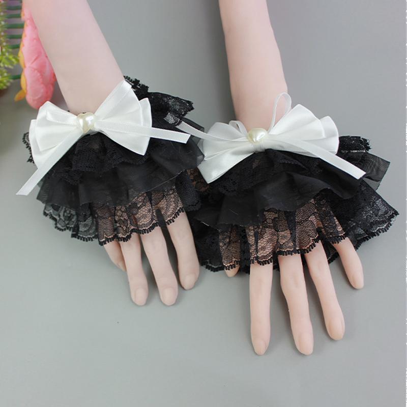 Sweet Cute Lace Fake Sleeves Bow Wrist Cuff Sweater Decorative Wristbands Short Fingerless Gloves For Girls Tea Party