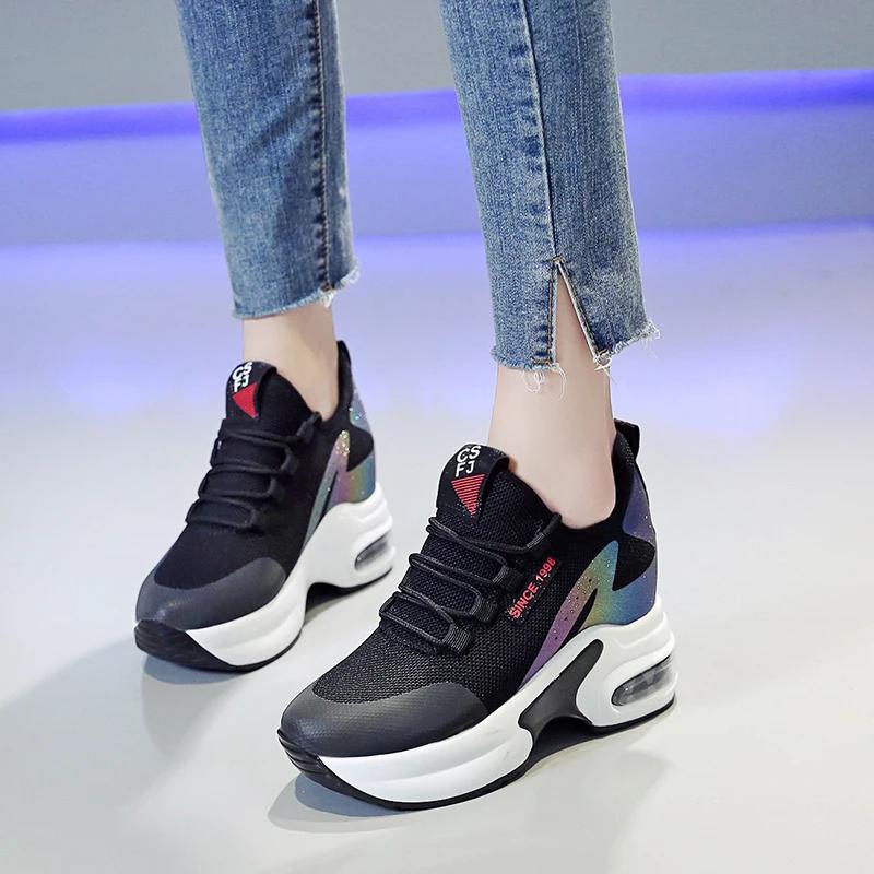 Fashion 2025 Spring Heel Shoes Women Inner Heightening Sports Shoes Fashion Flower Wedge Female Sport Shoes Student Sneakers