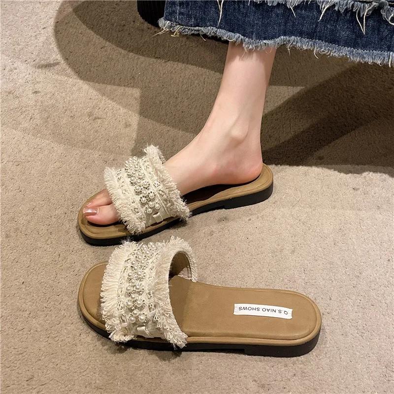 Fashion Hot Selling Summer Fashionable Sexy Light Casual Women's Shoe Comfortable Square Head Pearl Decoration Solid Color Flat Slippers