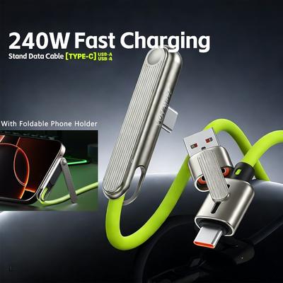 2in1 Portable 240W Fast Charging Cable Phone Tablet Foldable Holder USB A/C To TypeC Data Cable with Folding Bracket For iPhone