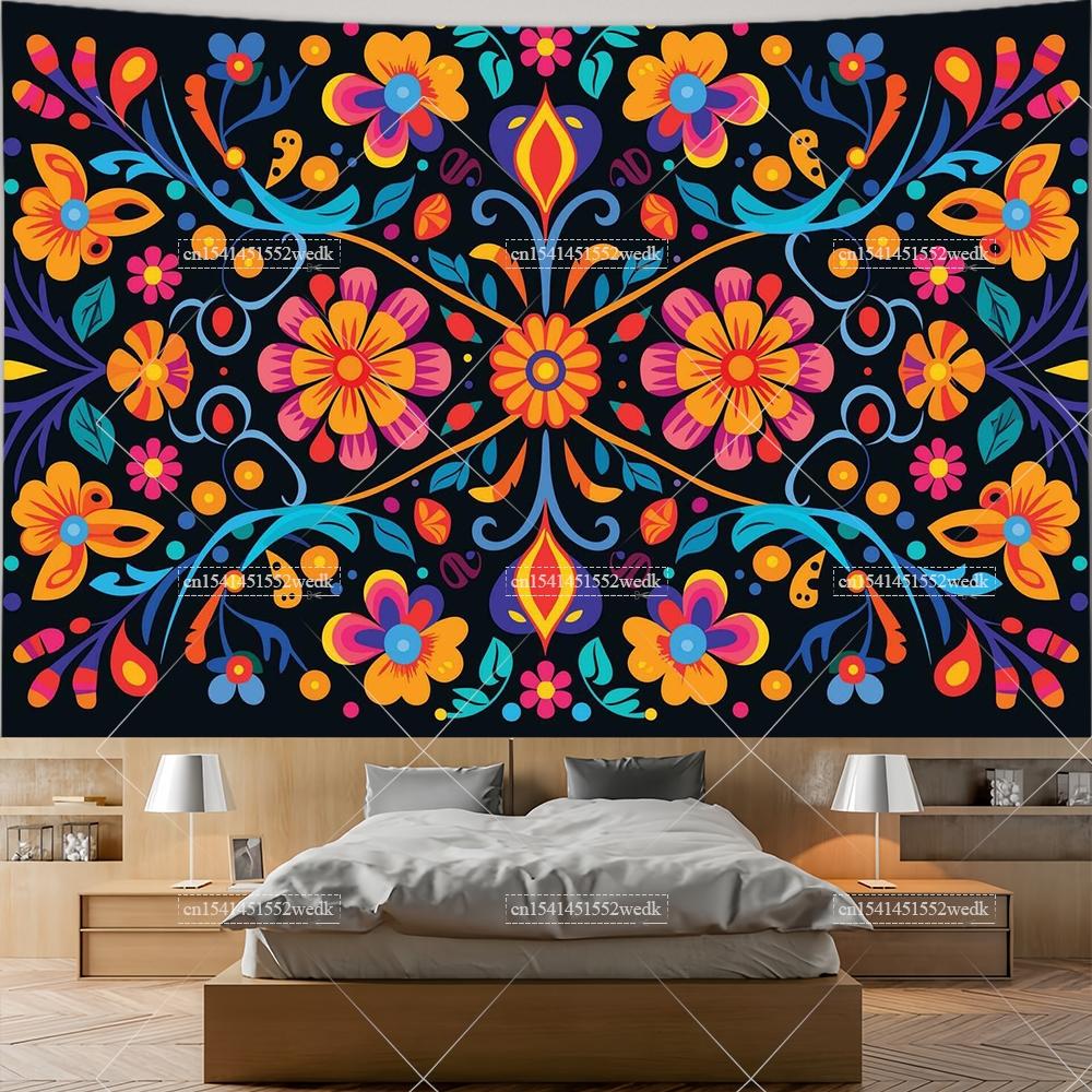 Mexiko Blumenteppich Mexikanische Pflanze Blumen Stickerei Ethnisch Otomi Vögel Wandteppiche Ästhetische Raumdeko Illustrationen Hintergrund