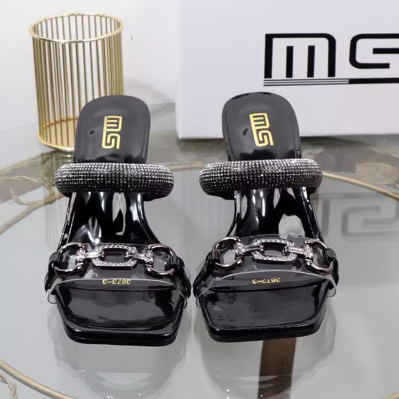 Large size cool slippers women's new metal buckle one-word drag special-shaped heel rhinestone sandals women