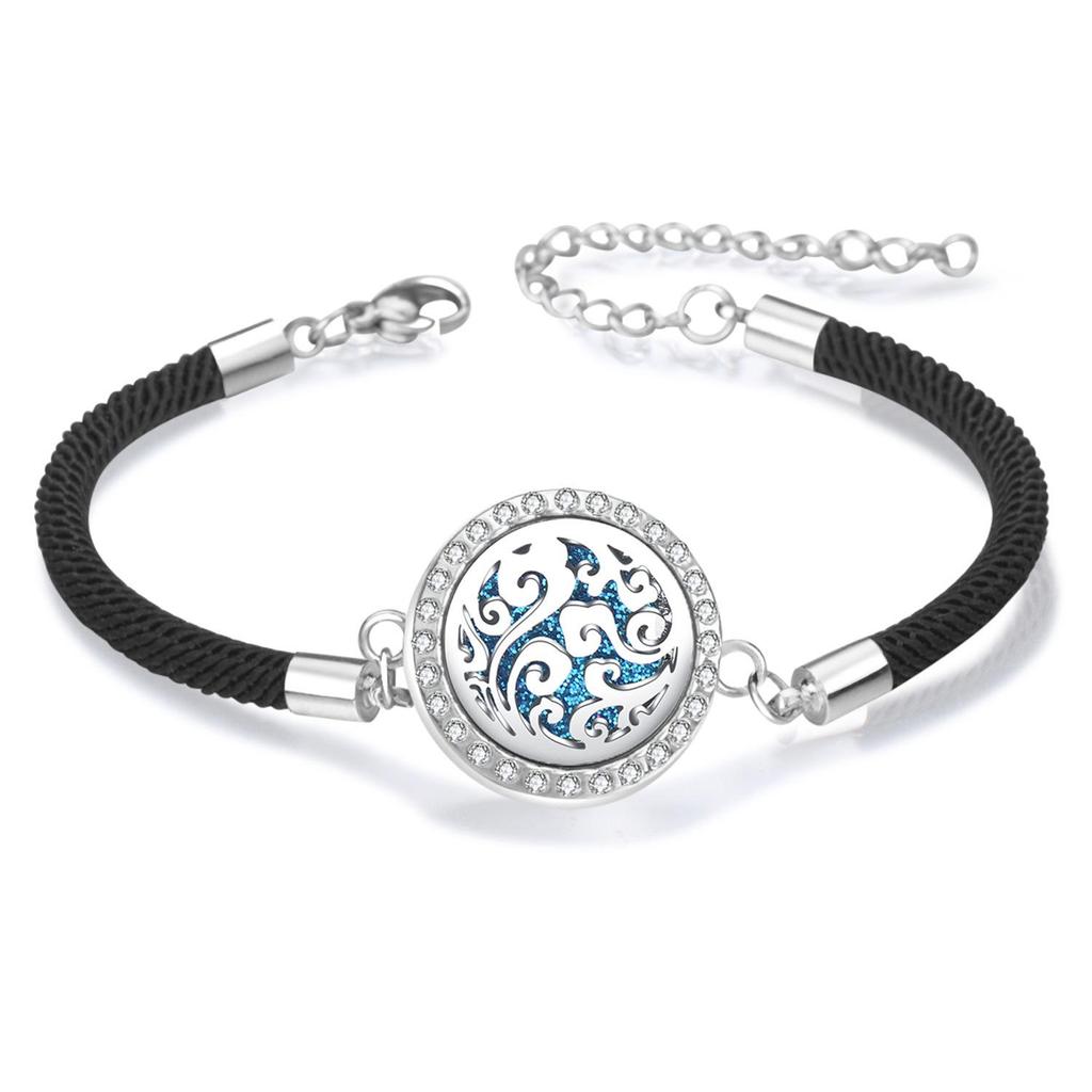 Diamond Inlaid Aroma Diffuser Bracelet: Adjustable Black Rope Wristband for Women
