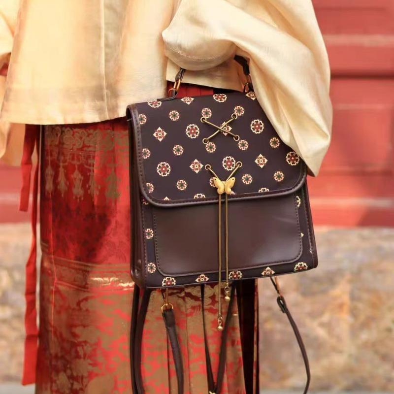 Maomusi new Chinese retro printing treasure flower backpack crossbody women's handbag backpack commuter leather pu