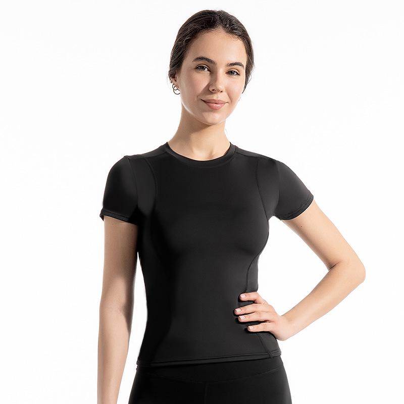 

Женская приталенная быстросохнущая дышащая футболка для йоги: Спортивный топ с коротким рукавом, влагоотводящий L чёрный