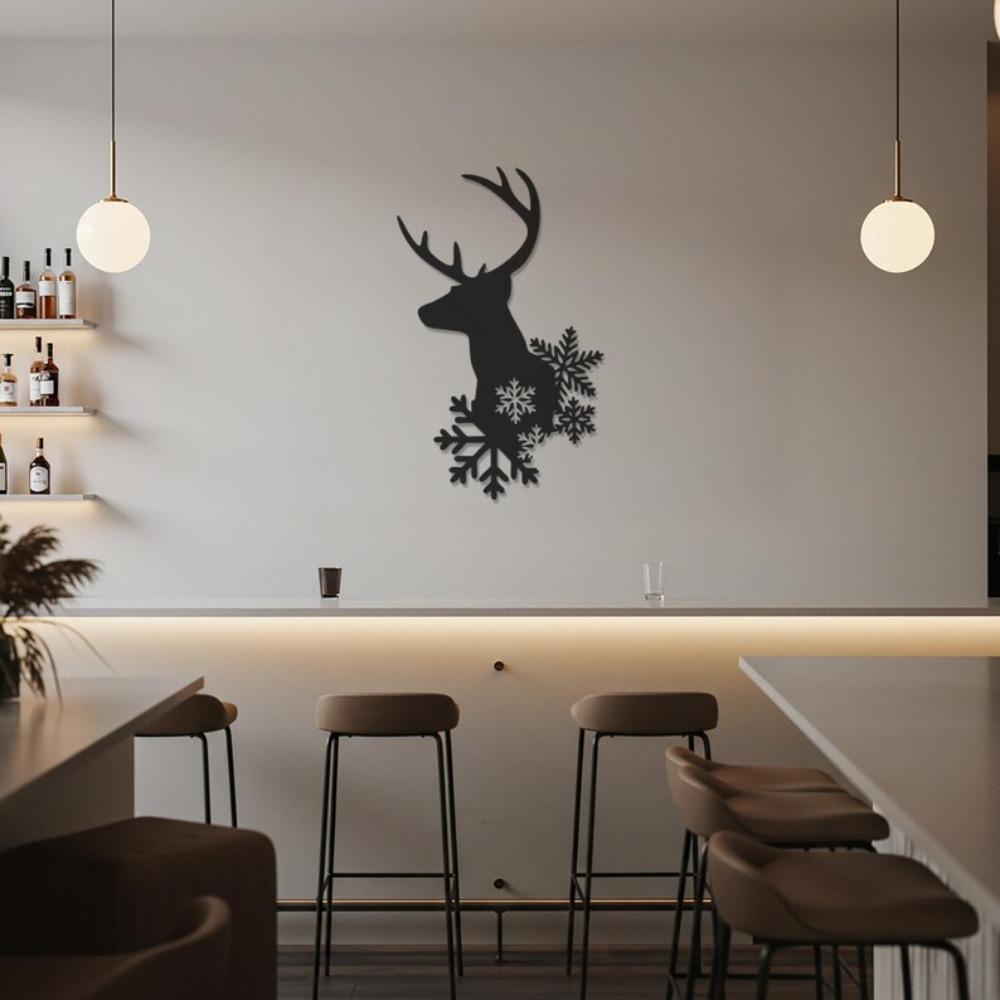 Black Steel Reindeer Head Wall Art, Nordic Christmas Snowflake Home Decor, Minimalist Metal Animal Silhouette