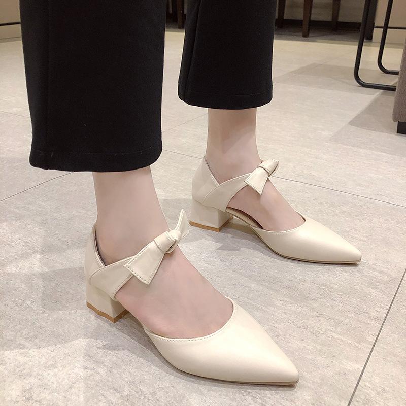 2025 Autumn New Women's Shoes Korean Version Thick Heel Pointed Hollow Bow Fashion Single Shoes Fashion Versatile High Heels