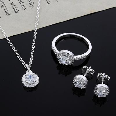 Sterlingsilber Süß Solide Weihnachtsgeschenk Edler Modischer Eleganter Damen Glänzender Kristall Zirkonia Halskette Ohrring Ring Schmuckset ADM