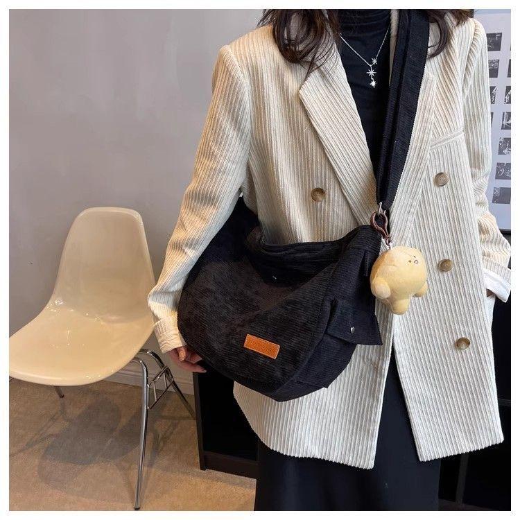 Corduroy Shoulder Bag Women Casual Crossbody Bag Half Moon Hobo Bag Soft Fabric Tote with Strap Cute Pendant
