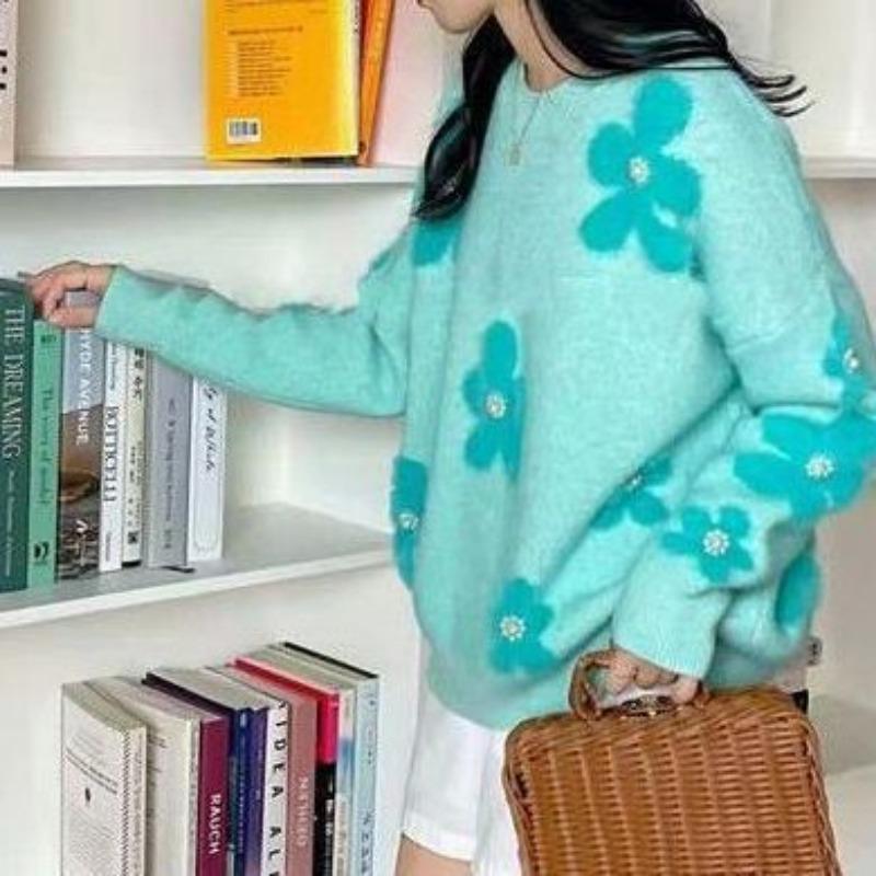 

Ленивый Ветер Мягкий Клейкий Сладкий Свитер Женский Осень Зима Новый Корейский Свободный Расшитый Биссером Цветок Вязаный Топ Дамский Пуловер XL бирюзовый