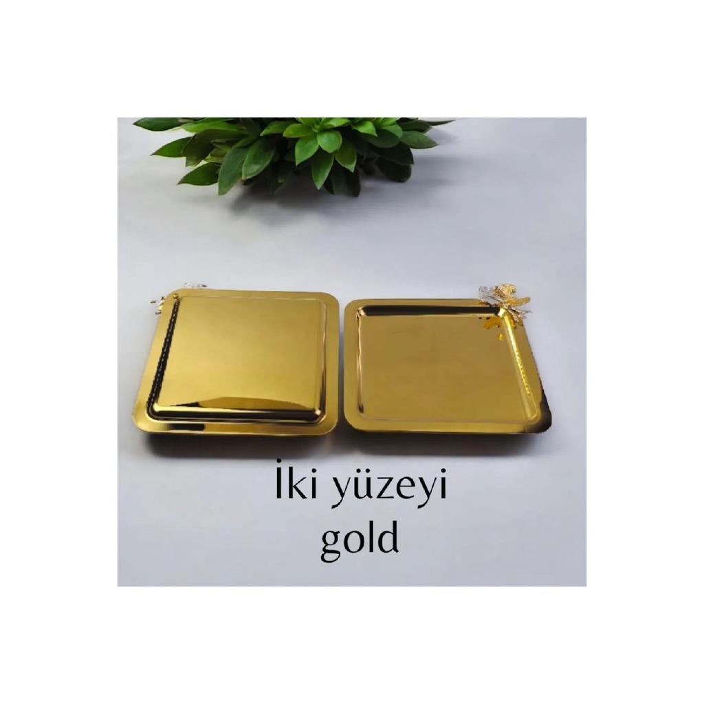 6-piece Luxury Silver Square Coffee Serving Tray | Stainless Steel Coffee, Tea, Decorative With Butterfly Accessory