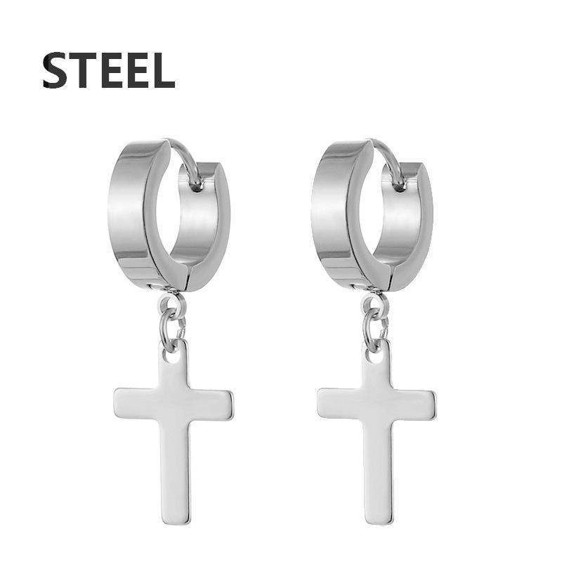 Stainless Steel Cross Pendant Earrings - European & American Fashion, Hip Hop Punk Style, Short Stud Design