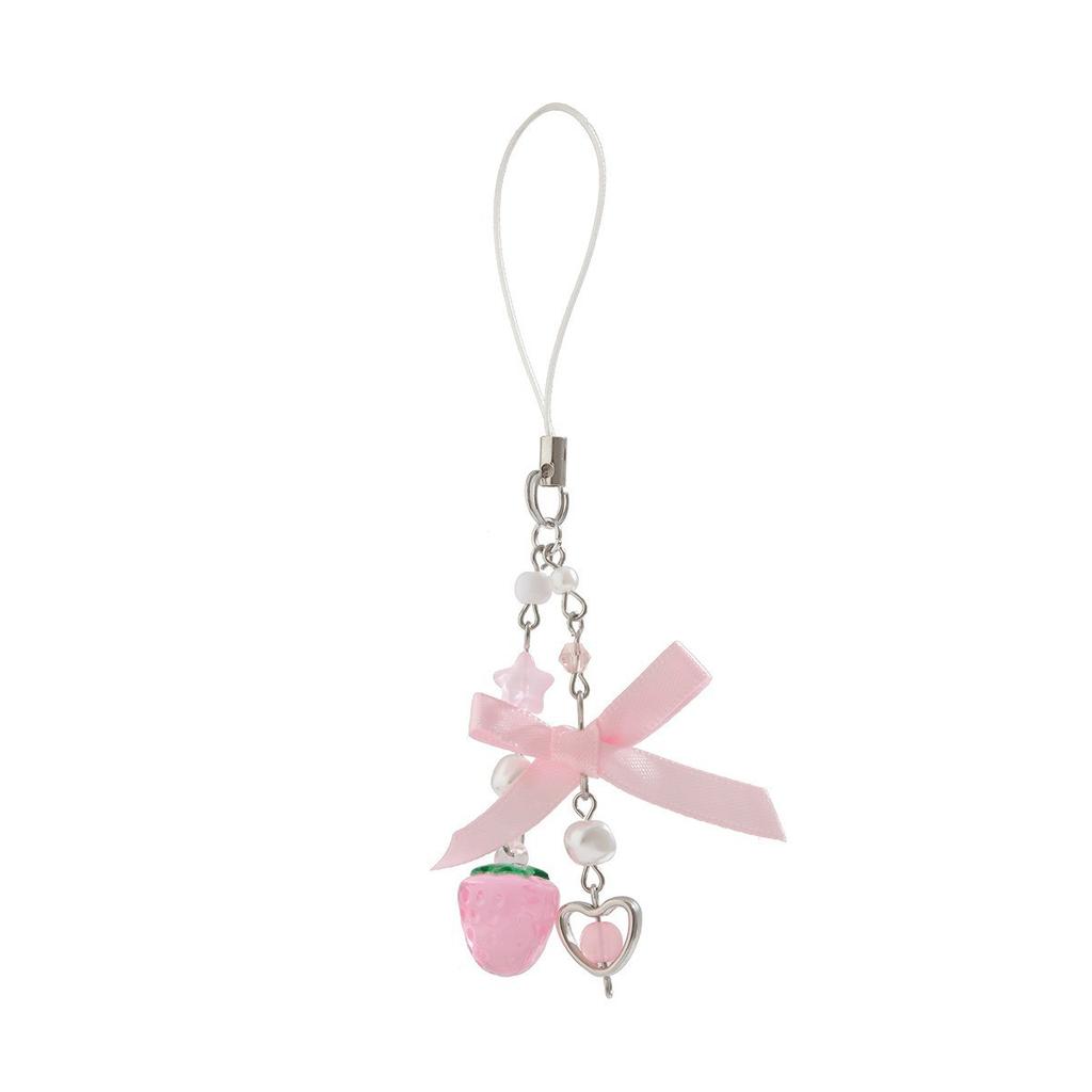 Cute Strap Bow Strawberry Pendant Mobile Phone Chain Bow Beaded Short Camera Pendant Keychain