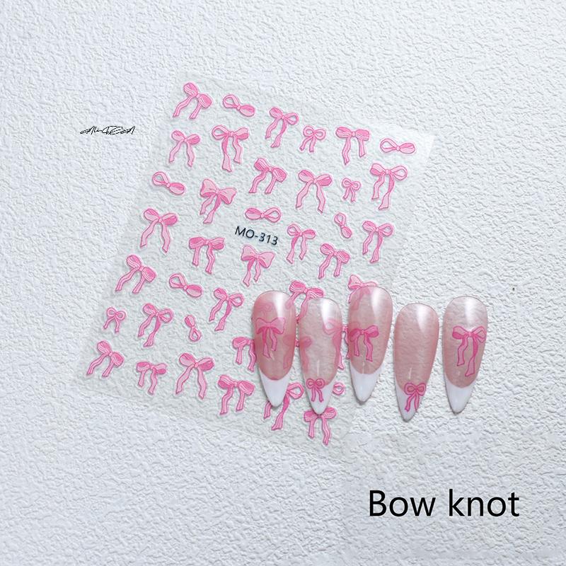 White Ribbon Bowknot 3D Embossed Relief Nail Art Decoration Stickers 1 Sheet Manicure Tool Decals for Creative Nail Design