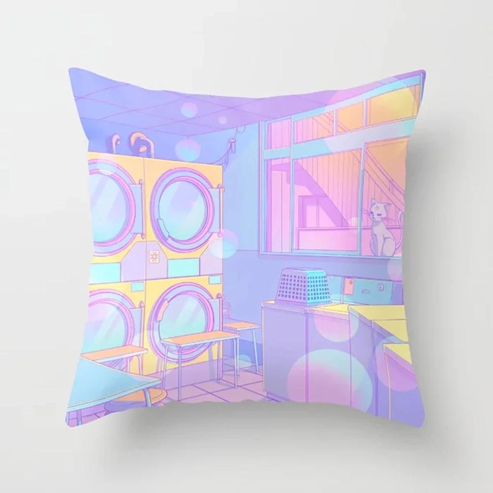 Pink Cartoon City Print Pillowcase Car Ornaments Office Living Room Home Pillowcase