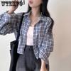Korean Chic Autumn Plaid Lapel Short Long Sleeved Shirt for Women