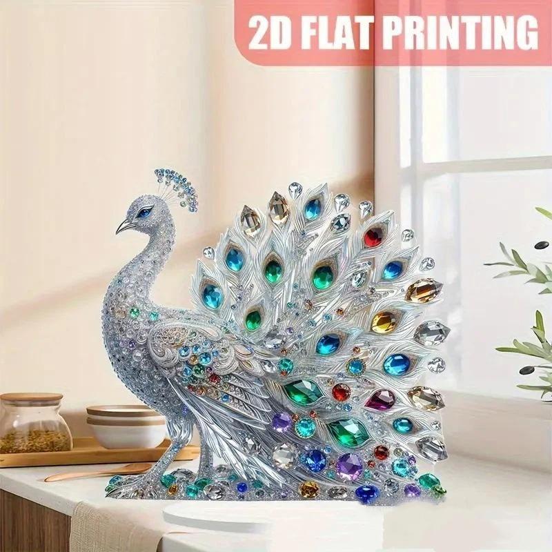 1Pcs 2D Flat Acrylic Figurine Luxurious Crystal Peacock Ornament Tabletop Decoration For Bedroom Living Room Office