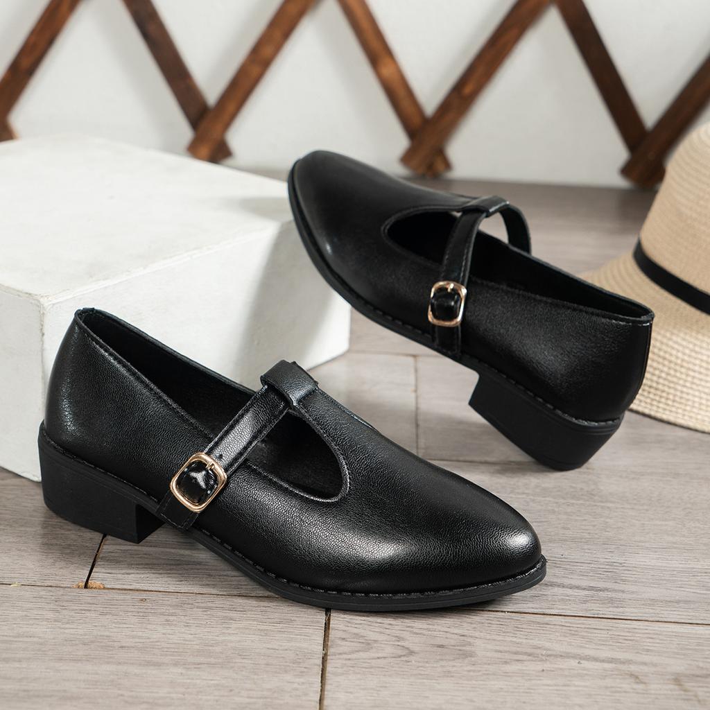Moda Wiosna 2025 Czółenka Damskie z Paskiem T i Grubym Obcasem Vintage Szpiczasty Nosek Średni Obcas Buty Damskie Duży Rozmiar Skóra PU Buty Mujer