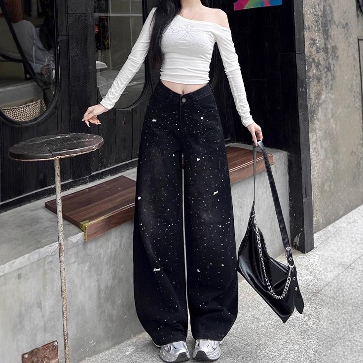 Women's Starry Sky Plush-Lined Denim Pants for Fall/Winter Fashion