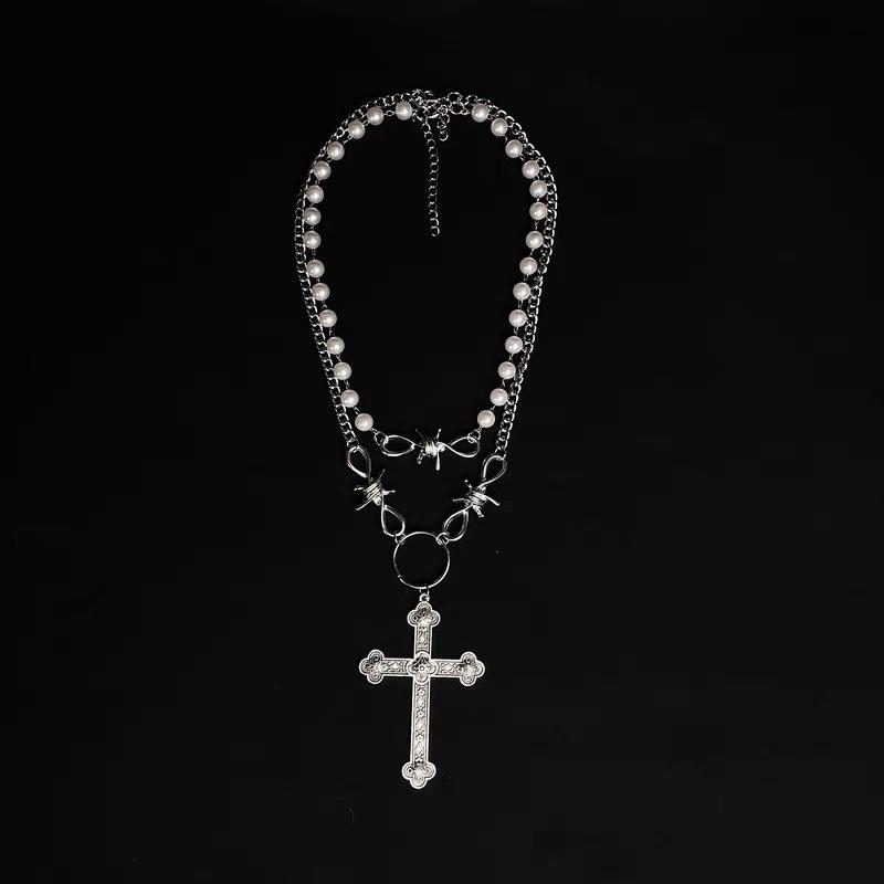 Gothic Punk Pearl Choker & Hip Hop Flame Chain Necklace Set белый