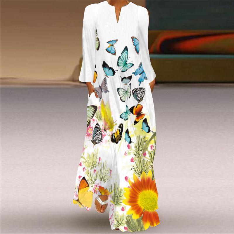 2025 Spring and Summer Fashion New Women's Retro Butterfly Print Long Dress Chiffon V Neck Long Sleeves Pocket Dress