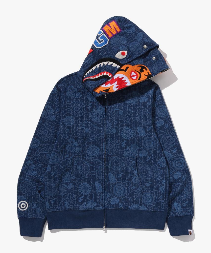 Bape Japanese Indigo Art Camo Double Tiger Shark Full Zip Hoodie (M) Indigo