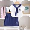 Girls' Fashion Set - Summer Children's Casual Navy Collar Short-Sleeved Top and Short Skirt Set