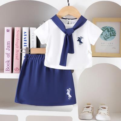 Ensemble de mode pour filles - Ensemble décontracté d'été pour enfants avec haut à manches courtes à col marine et jupe courte