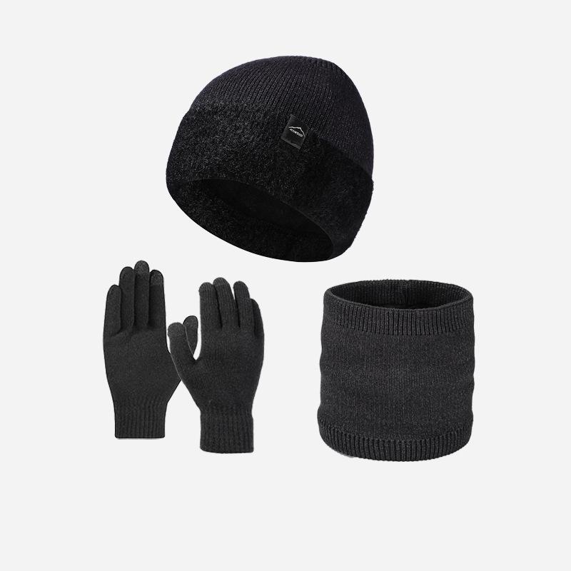 Winter Men's Knitted Hat Scarf Gloves Warm-Keeping Kit Large-Head Velvet Thick Wool Hat