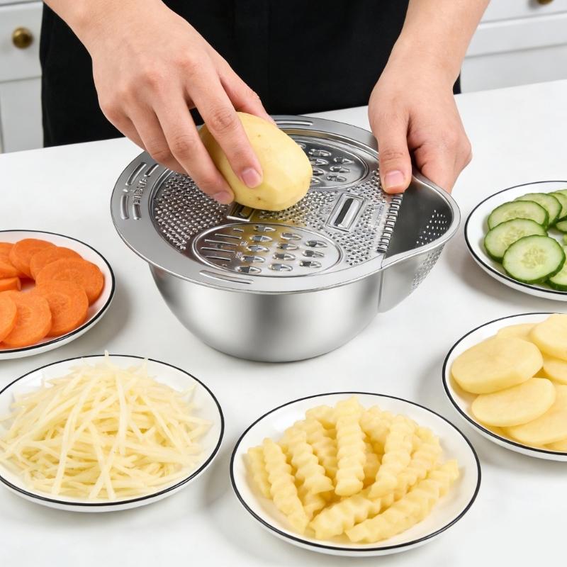 Steel Rice Washer Bowl with Side Drain Holes And Integrated Grater Small Colander for Cleaning Vegetable Bean Kitchen