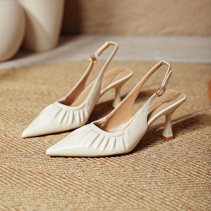 Baotou Sandals Women's Summer 2025 New French Pleated Shallow Mouth Empty Single Shoes Pointed High Heels Women's Stiletto