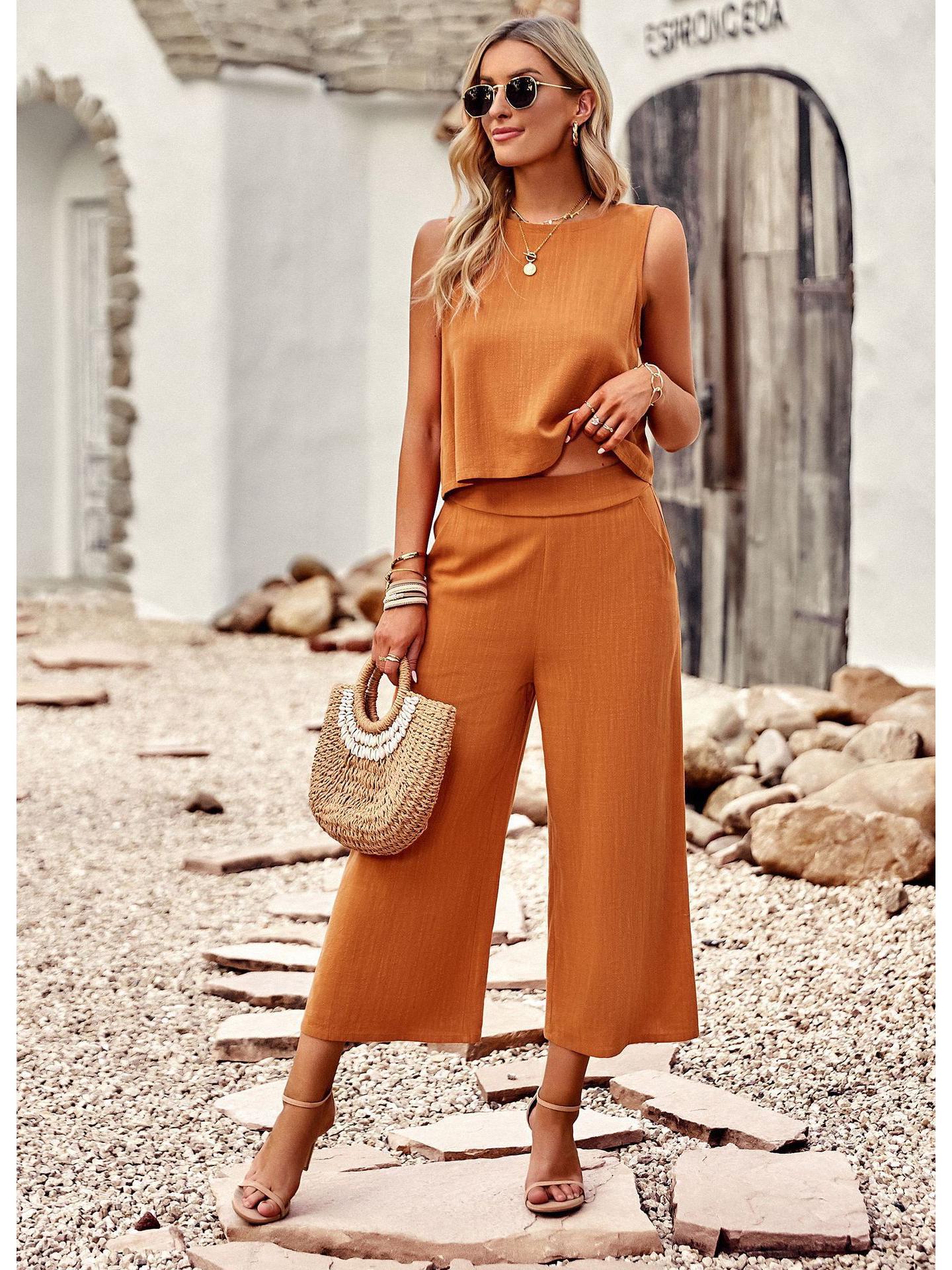 

Женский элегантный летний модный комплект без рукавов: Повседневный топ и брюки длиной девять точек, костюм-двойка 2025. XL