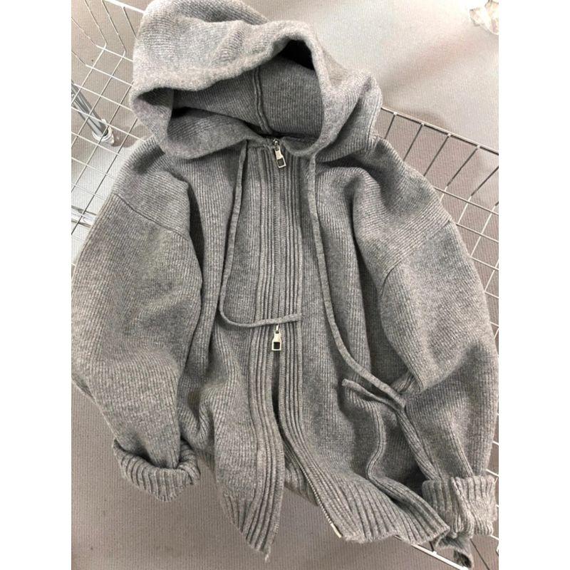 

Hooded Spring & Fall Winter Knitting Double Zipper Cardigan Sweater Gray XL [Recommendation 115/65.00kg]]