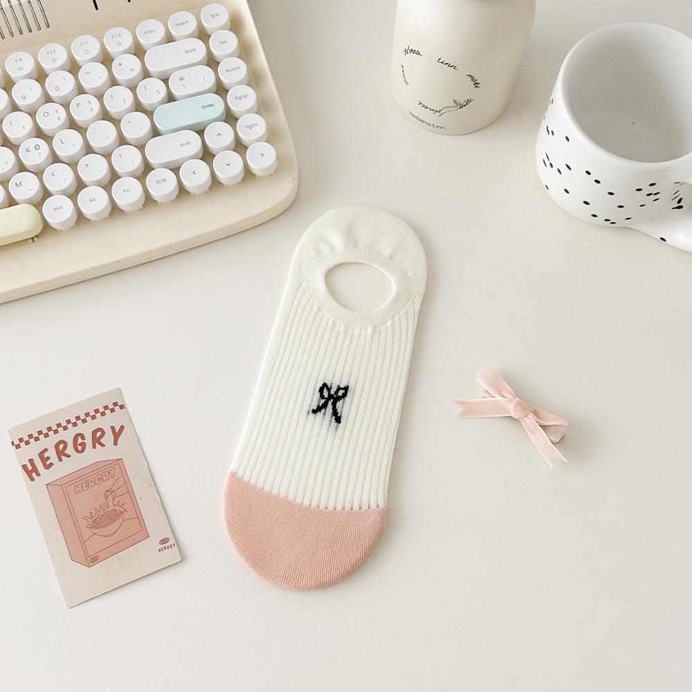 Socquettes nœud papillon, Maille respirante style ballerine pour femme, Antidérapantes, Antibactériennes, Talon anti-dérapant, Chaussettes courtes invisibles à décolleté bas