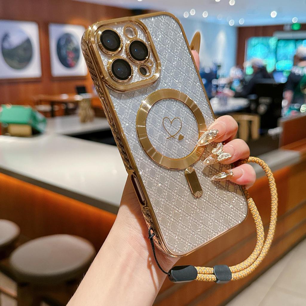 Lanyard Magnetic Gradient Color Glitter Bling Camera Lens Protect Bumper Phone Case For iPhone 17 Air 16 15 Pro Max Samsung S25 S24 Protective Cover