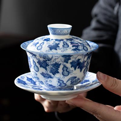 Jingdezhen Ercai Gaiwan Porcelaine Bleue et Blanche Peint à la Main Image Fulu Bol à Thé Simple Haute Gamme Glaçage Céramique Tasse à Thé Kung Fu