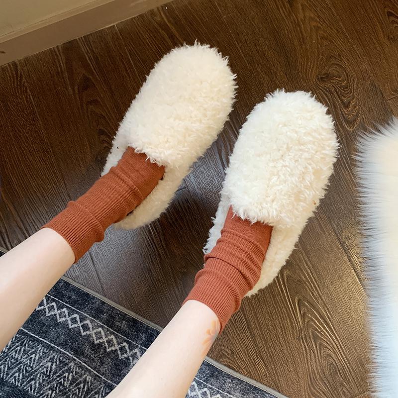 Fashion White Internet Celebrity Women's New Winter Curly Flat-soled Slip-on Cotton Shoes