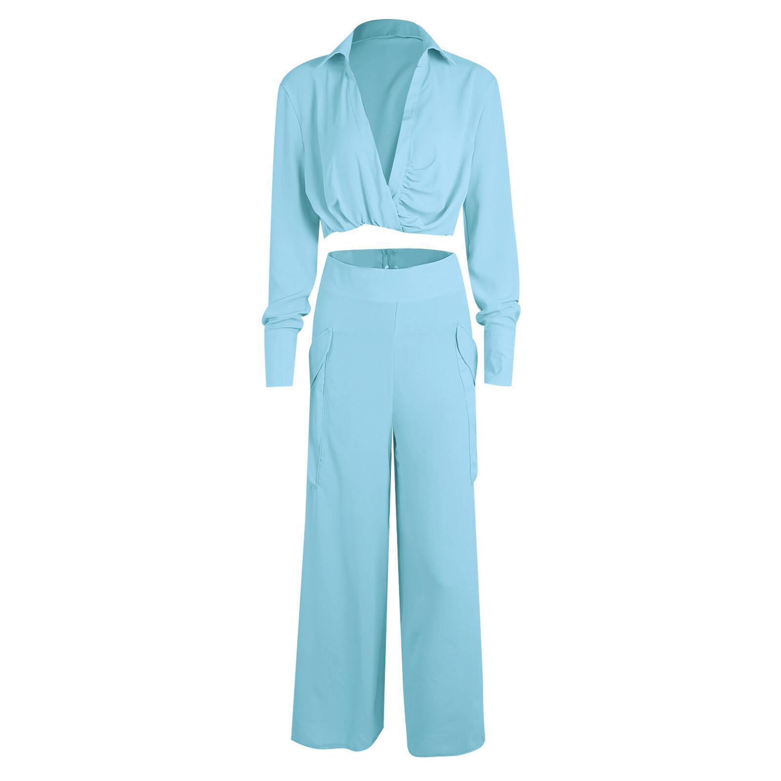 

Женские однотонные свободные повседневные топы с нерегулярным подолом с рукавами, костюм, прямые брюки, комплекты брюк XXL небесно-голубой
