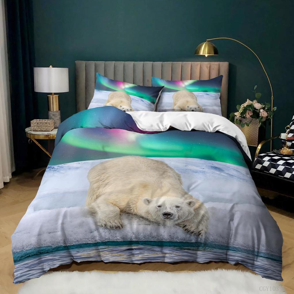 Aurora Borealis Polyester Bettbezug-Set Baum unter Magnetfeld der Natur mit Nordlichter-Landschaftsbild King Size