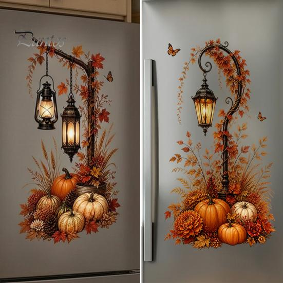 Thanksgiving Window Clings Autumn Pumpkin Street Lamp & Maple Leaves Wall Sticker, Waterproof PVC Fall Harvest Atmosphere Decor Decal, Decorative Peel