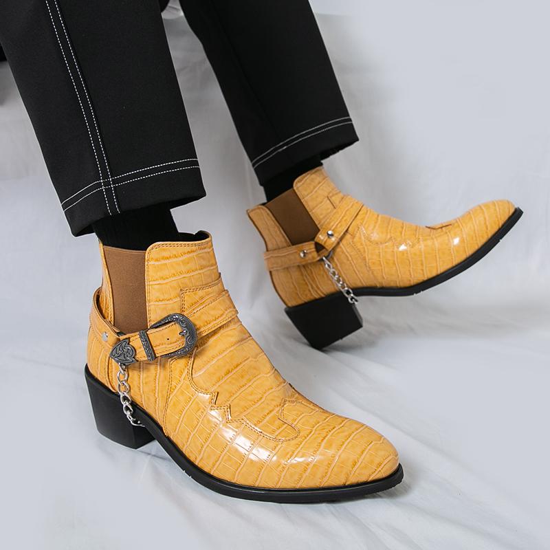 Handmade Men's Fashion Ankle Boots with Crocodile Pattern, Buckle & Chain Decoration, Dress Boots for Trendsetters&Casual&Party